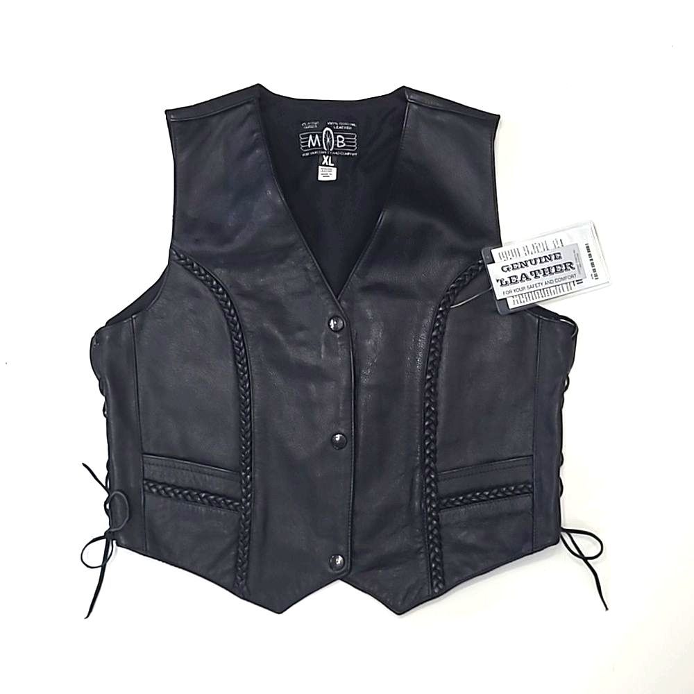 Black Genuine Leather Women’s Biker Vest